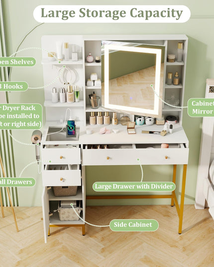 CHARMAID Vanity Desk with Mirror and Lights, White Makeup Vanity Table with Transparent Glass Tabletop