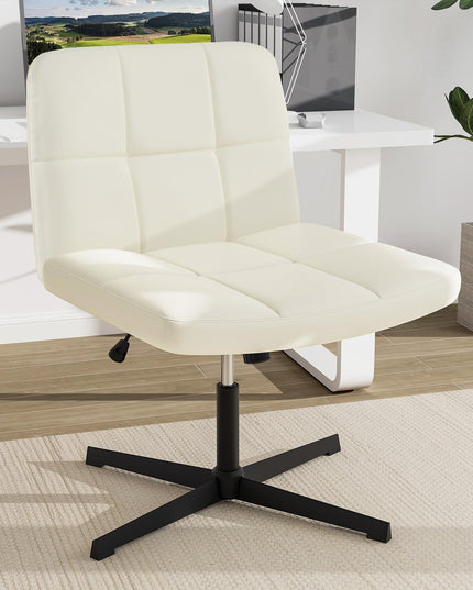 Giantex Criss Cross Chair, PU Leather Cross Legged Office Chair No Wheels, Height-adjustable Swivel Vanity Chair with U-shaped Seat