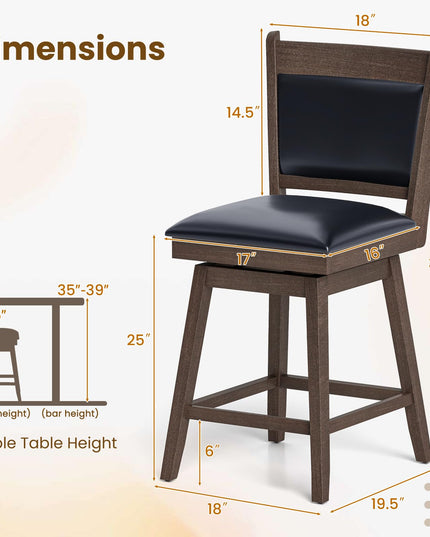 Giantex 25" Bar Stools Set, Upholstered Swivel Bar Chairs with Ergonomic Back