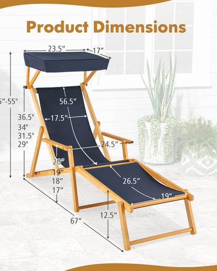 Giantex Lounge Chair Outdoor, Foldable Beach Chaise Lounge with Adjustable Canopy, Replacement Fabric
