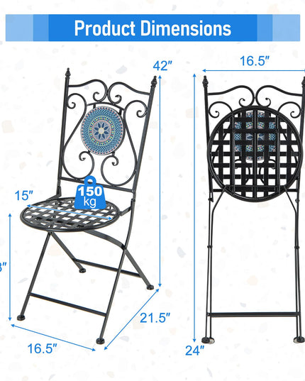 Giantex Patio Folding Chairs, Mosaic Bistro Chairs w/Backrest & Round Seat for Porch Balcony Lawn