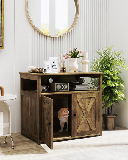Giantex Cat Litter Box Enclosure - Litter Box Hidden Furniture with Barn Door, Inner Divider, Side Entry, Storage Shelf