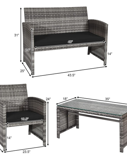 Giantex 4 Pc Rattan Patio Furniture Garden Lawn Sofa Cushioned Seat Mix Gray Wicker Conversation Sets