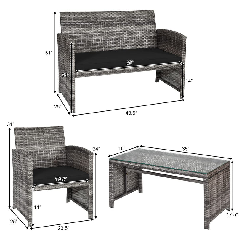 Giantex 4 Pc Rattan Patio Furniture Garden Lawn Sofa Cushioned Seat Mix Gray Wicker Conversation Sets
