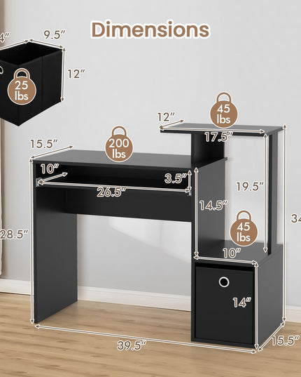 Giantex Computer Desk with Keyboard Tray, Compact Home Office Desk with Fabric Drawer & Storage Shelf