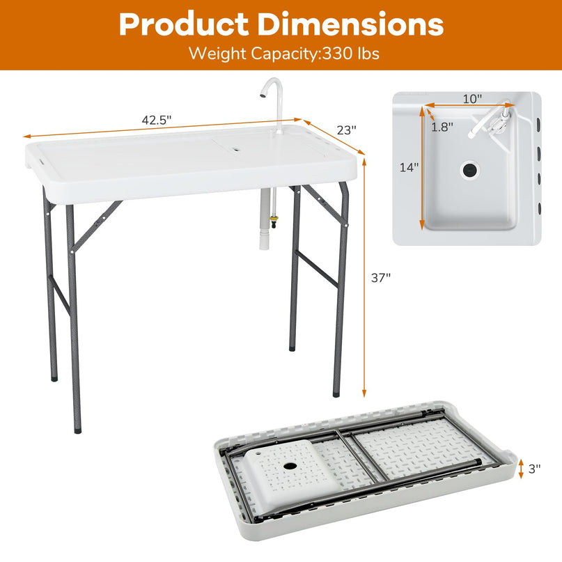 Giantex Portable Fish Cleaning Table Folding 42.5" Camping Table with Sink