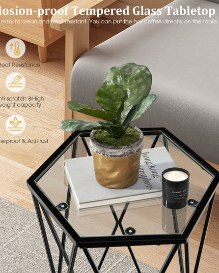 Giantex End Table w/Glass Top, Metal Frame, Small Coffee Accent Table for Small Space( 16" x 13.5" x 24")