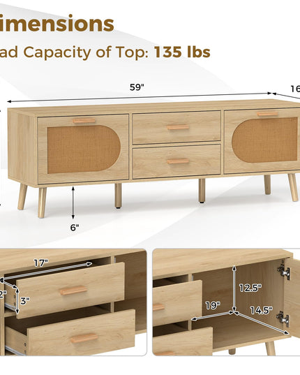 Giantex Rattan TV Stand for TVs up to 65 Inch, 59" TV Console Cabinet with Drawers & Solid Wood Legs