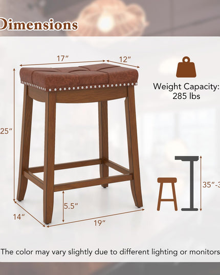 Giantex Bar Stools Set, 25" Counter Height Bar Stools w/Saddle Seat, Footrest, Rivet, Button Tufted, Rubber Wood Frame