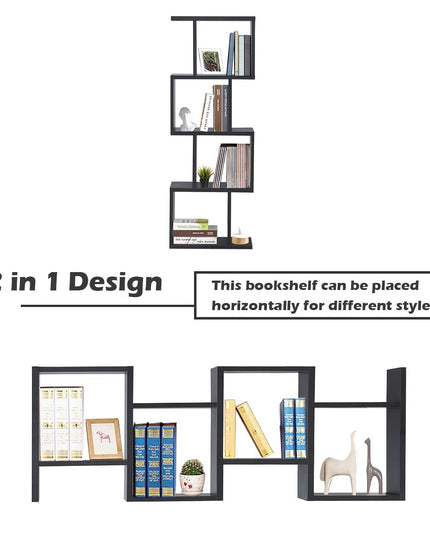 4 Tier Bookshelf S Shaped Bookcase, Multifunctional Wooden Display Decor Furniture