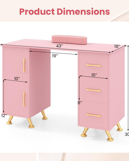 Giantex Manicure Table Nail Desk - Nail Table Station with 3 Drawers, 2 Storage Cabinet, Wrist Rest