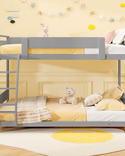 Giantex Wood Bunk Beds Twin Over Full Size, Solid Wood Floor Low Bunk Bed w/Removable Ladder