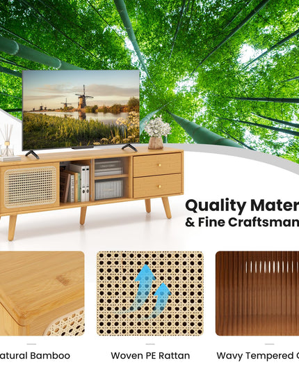 Giantex Bamboo TV Stand for 55 60 65 Inch TV, PE Rattan Entertainment Center with Sliding Doors