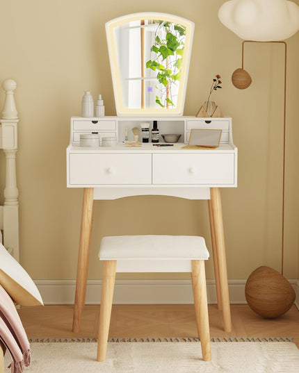 Small Vanity Desk with Mirror and Lights, White Makeup Vanity Desk with 6 Drawers