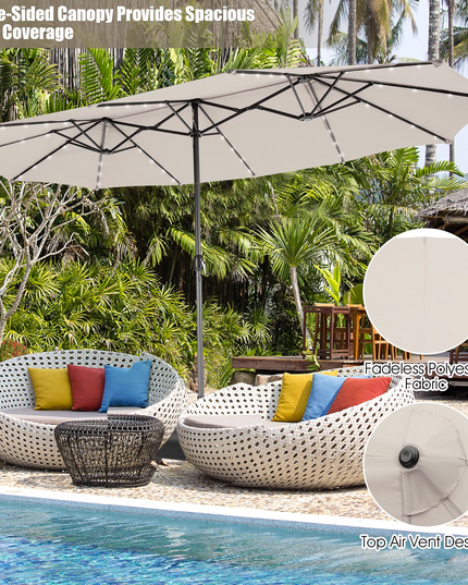 15ft Large Outdoor Umbrella Double-Sided, 48 Solar Lights, Auto-Charging Solar Panel