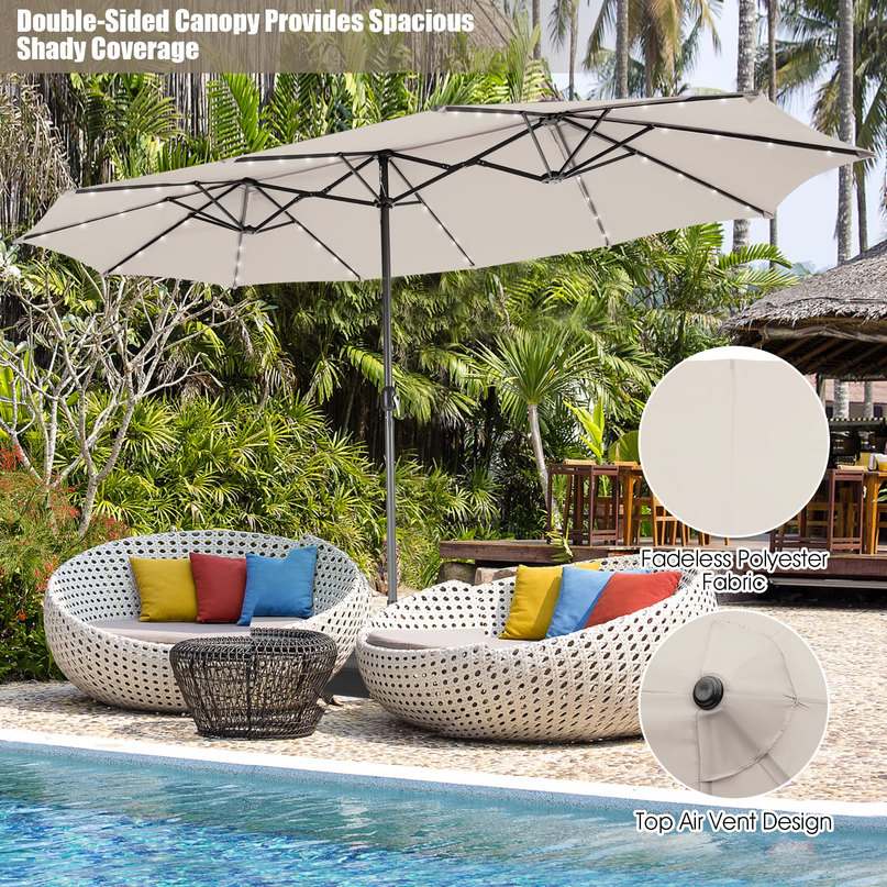 15ft Large Outdoor Umbrella Double-Sided, 48 Solar Lights, Auto-Charging Solar Panel