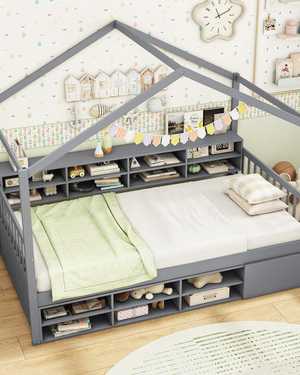 Giantex Twin Size House Bed with Storage, Wooden Montessori House Bed with 14 Storage Cubes
