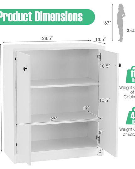 Giantex 2 Door Storage Base Cabinet - Freestanding Floor Cabinet with 3-Tier Shelf, White