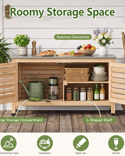 Giantex Fir Wood Outdoor Cabinet with Stainless Steel Countertop