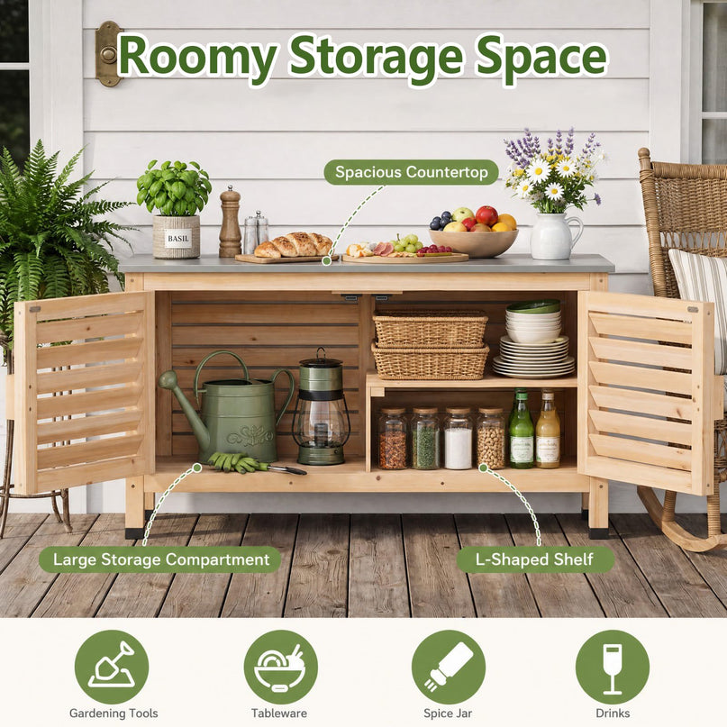 Giantex Fir Wood Outdoor Cabinet with Stainless Steel Countertop