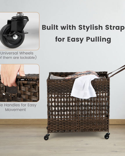 Panier à Linge Giantex avec Roues et Couvercle, Panier à Linge en Osier de 125L (33 Gal), 2 Sacs Intérieurs Amovibles