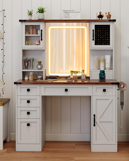 CHARMAID Vanity Desk with Mirror and Lights, Farmhouse Makeup Vanity Desk with 7 Drawers, 45" White Vanity Dressing Table for Bedroom