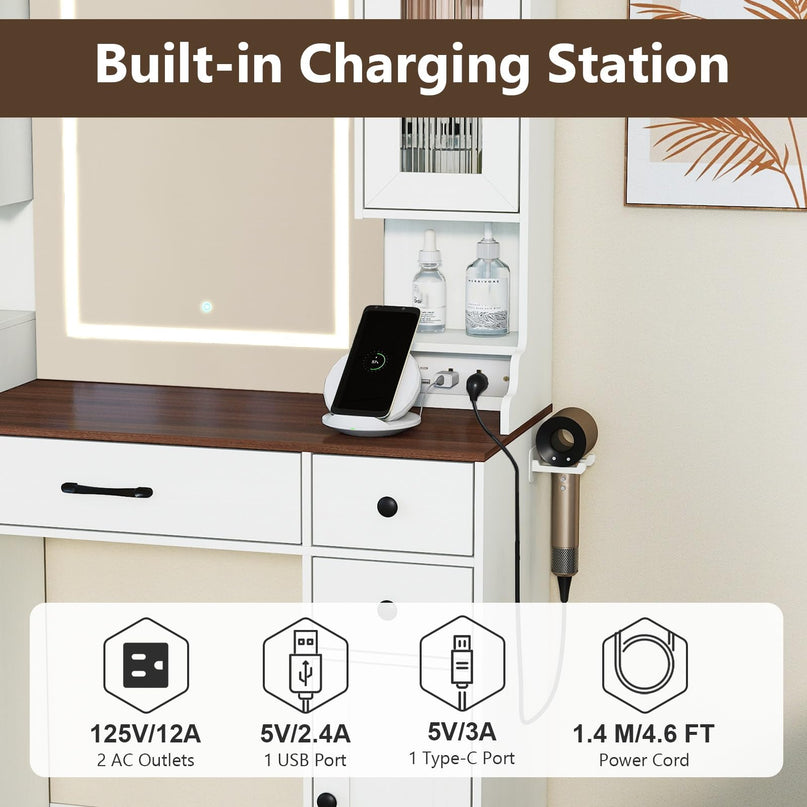 CHARMAID Coiffeuse avec Miroir Lumineux et Station de Charge