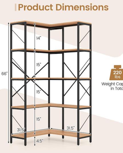 GIANTEX 5-Tier Corner Bookshelf | L-Shaped Large Bookcase with Metal Frame