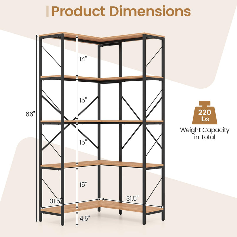 GIANTEX 5-Tier Corner Bookshelf | L-Shaped Large Bookcase with Metal Frame