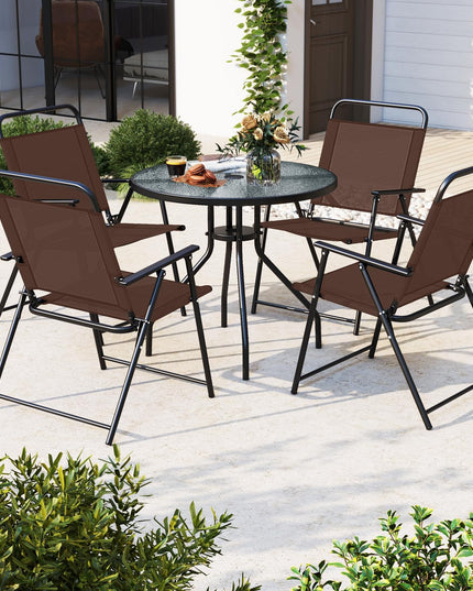 Giantex 6 Pieces Patio Dining Set, Folding Patio Chairs Set of 4, Tempered Glass Umbrella Table with Hole