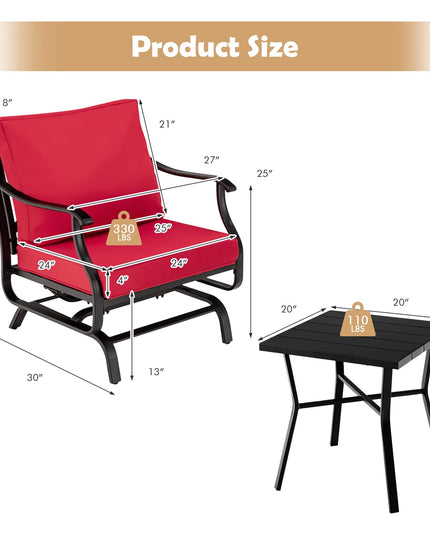 Giantex Bistro Set 3 Piece Outdoor Glider Set Rocking Chairs with Coffee Table (Red)