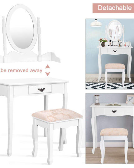 Giantex Bathroom Vanity Table Set w/Mirror Cushioned Stool Makeup Dressing Table Set