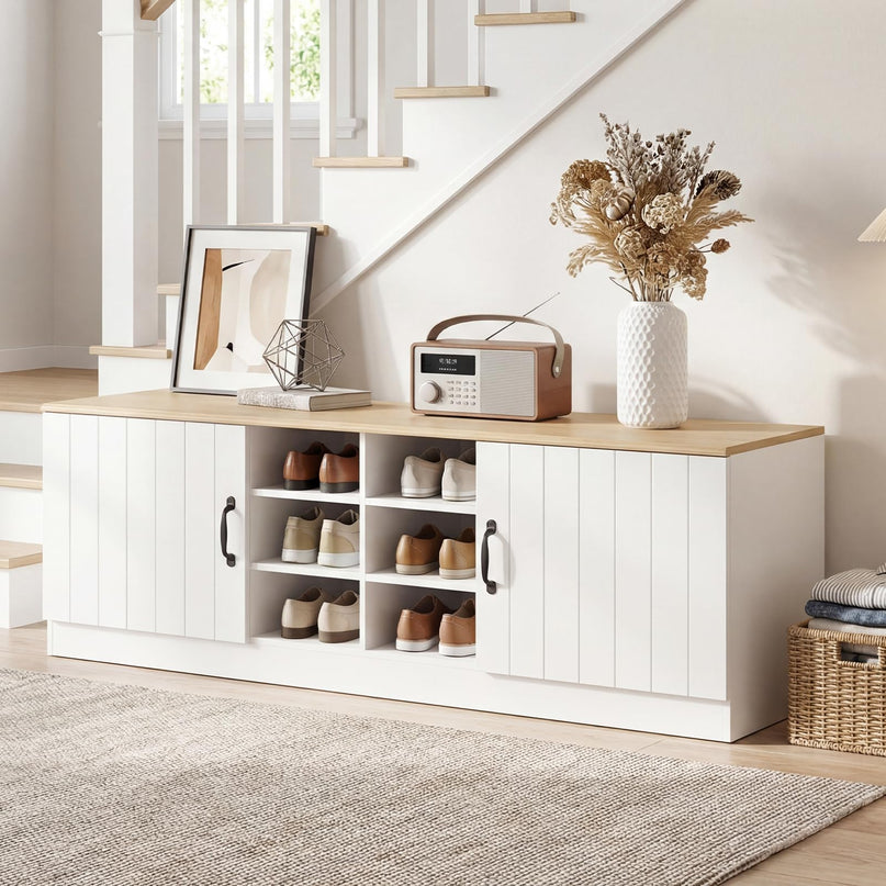 Banc de rangement pour chaussures à 2 portes Giantex, banc d'entrée en bois