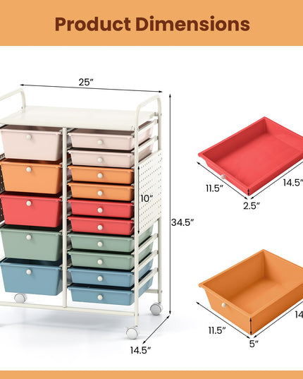 Giantex 15 Drawer Rolling Storage Cart with Metal Tabletop & Pegboard