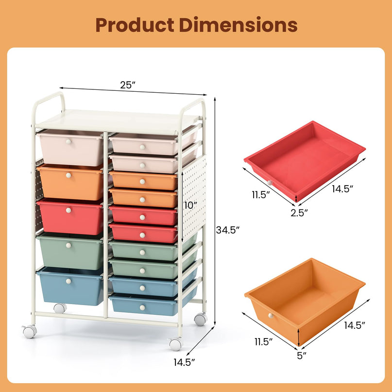 Giantex 15 Drawer Rolling Storage Cart with Metal Tabletop & Pegboard