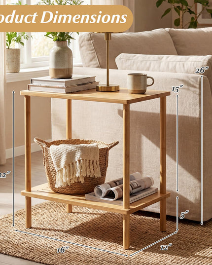 Giantex Table d'appoint en bambou, lot de 2, table de chevet/bout de canapé à 2 niveaux avec étagères de rangement