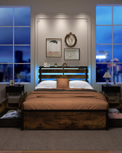 Giantex Bed Frame with LED Lights Headboard and 4 Storage Drawers