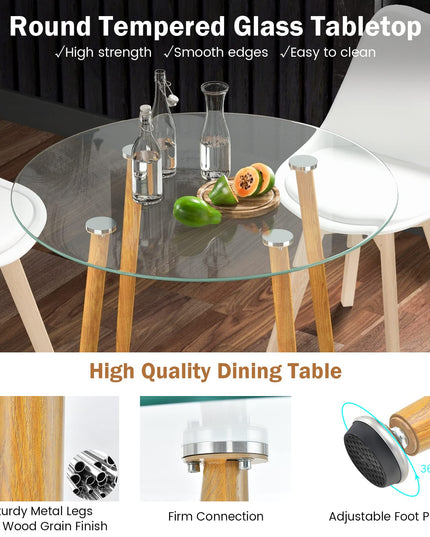 Giantex Dining Table Set for 4, Modern 5-Piece Dining Room Set w/ 1 Round Tempered Glass Table & 4 High Back Chairs