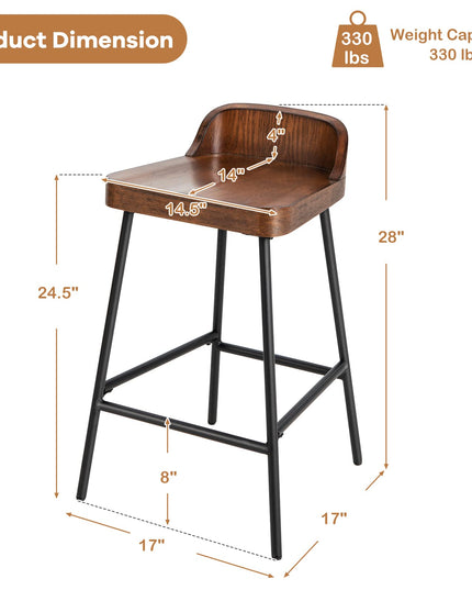 Bar Stool, 24.5-Inch Height Industrial Pub Stool with Backrest and Footrest, Metal Legs, Low-Back Breakfast