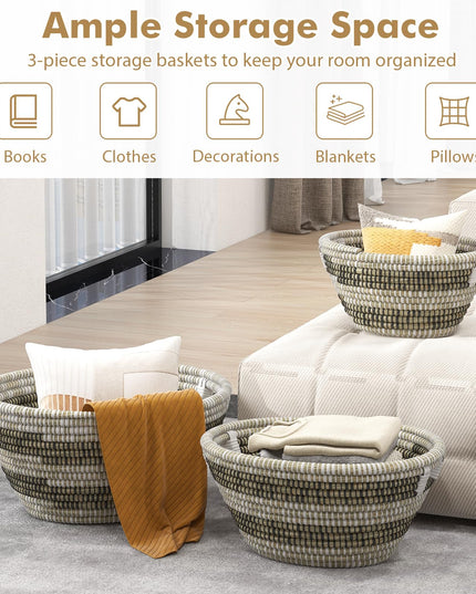 Giantex Woven Laundry Basket 24"/20"/16"- Set of 3 Stackable Storage Baskets with Handles