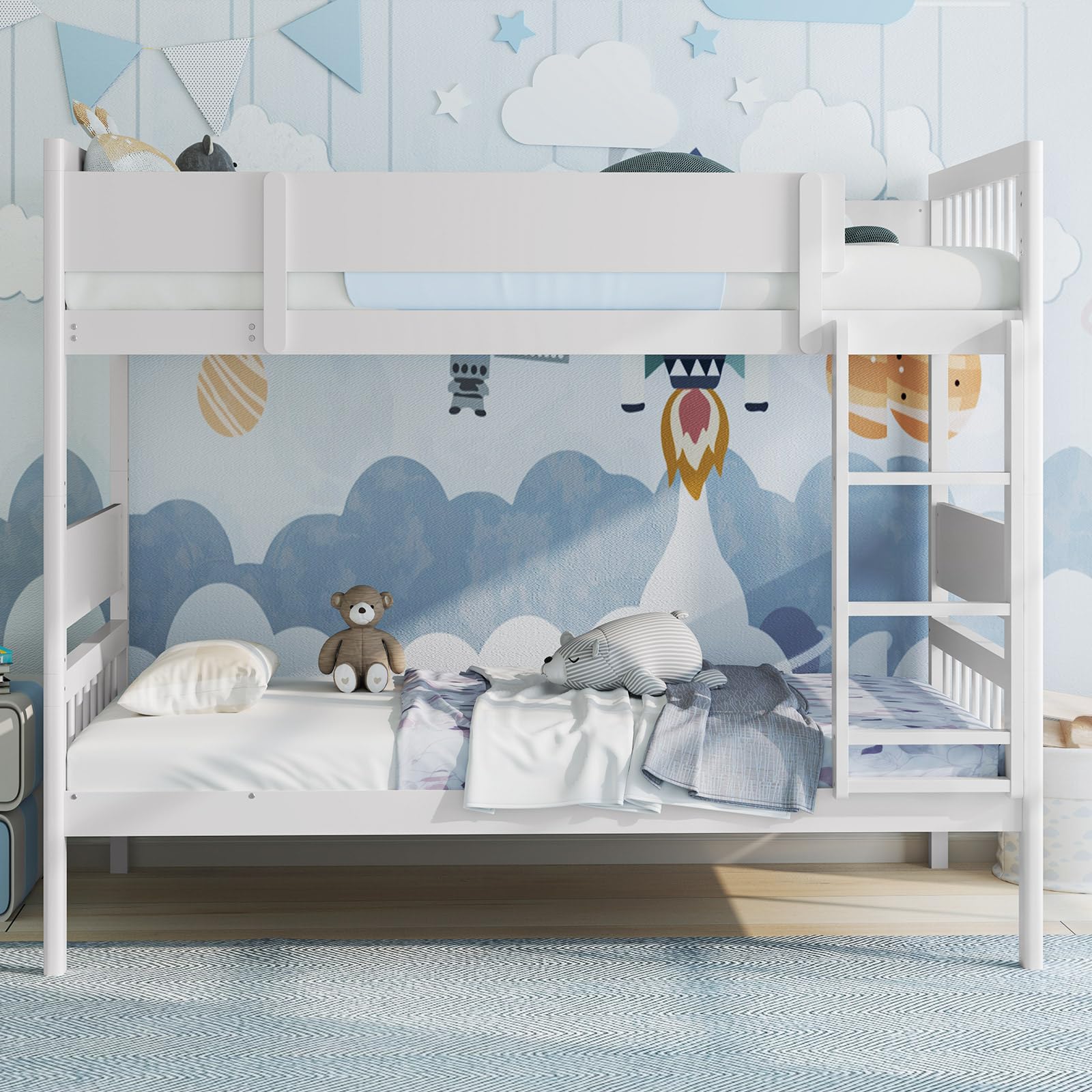 Giantex Wood Bunk Bed Twin Over Twin, Solid Wood Bunk Bed Frame with L ...