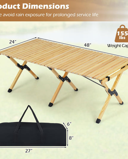 Giantex Portable Roll-Up Pine Wood Picnic Table with Carry Bag