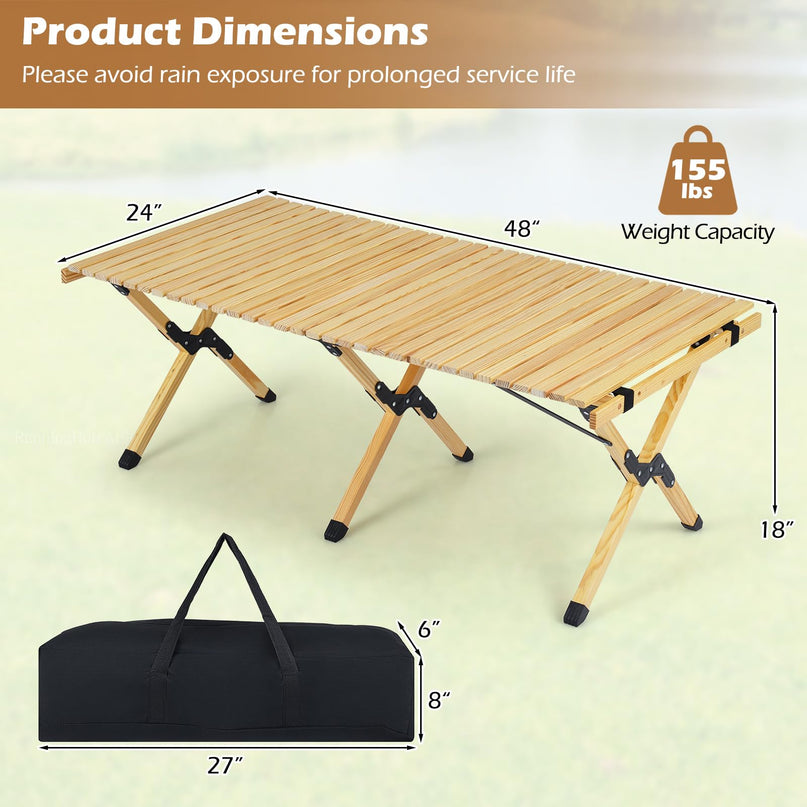 Giantex Portable Roll-Up Pine Wood Picnic Table with Carry Bag