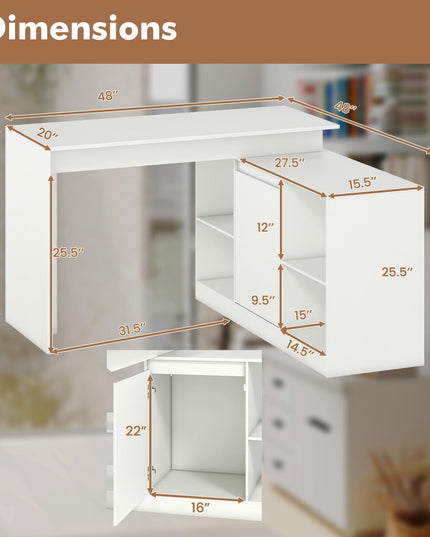 Bureau d'ordinateur d'angle moderne en L réversible Giantex 48" avec 2 portes et 4 compartiments de rangement ouverts