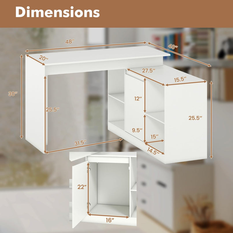 Giantex 48" Reversible L-Shaped Modern Corner Computer Desk with 2 Doors & 4 Open Storage Cubes