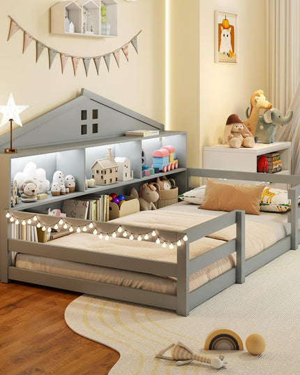 Giantex Twin/Full Size Montessori Wooden Floor Bed with LED Lights