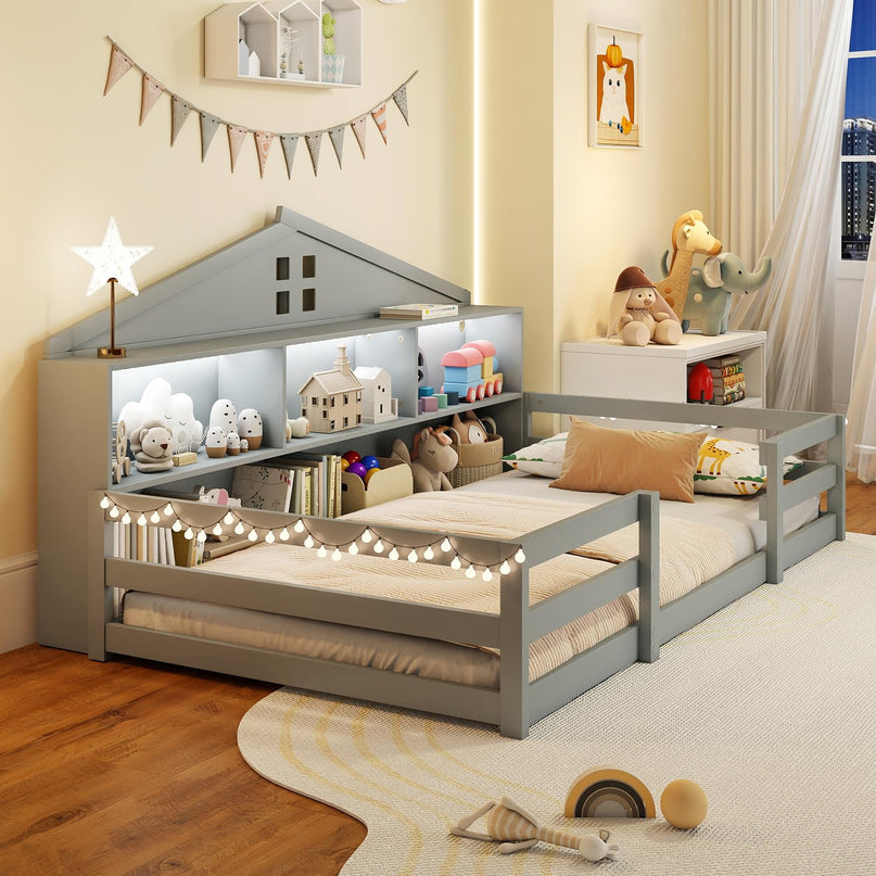 Giantex Twin/Full Size Montessori Wooden Floor Bed with LED Lights