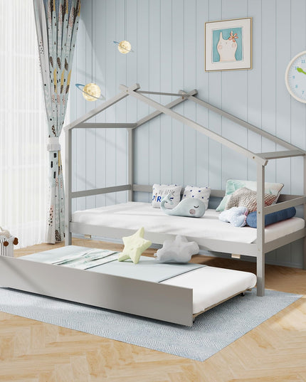 Giantex Wood House Bed for Kids, Twin Bed Frame with Trundle Bed Twin