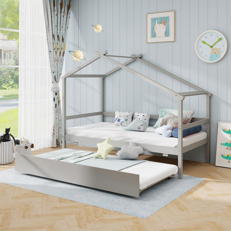 Giantex Wood House Bed for Kids, Twin Bed Frame with Trundle Bed Twin