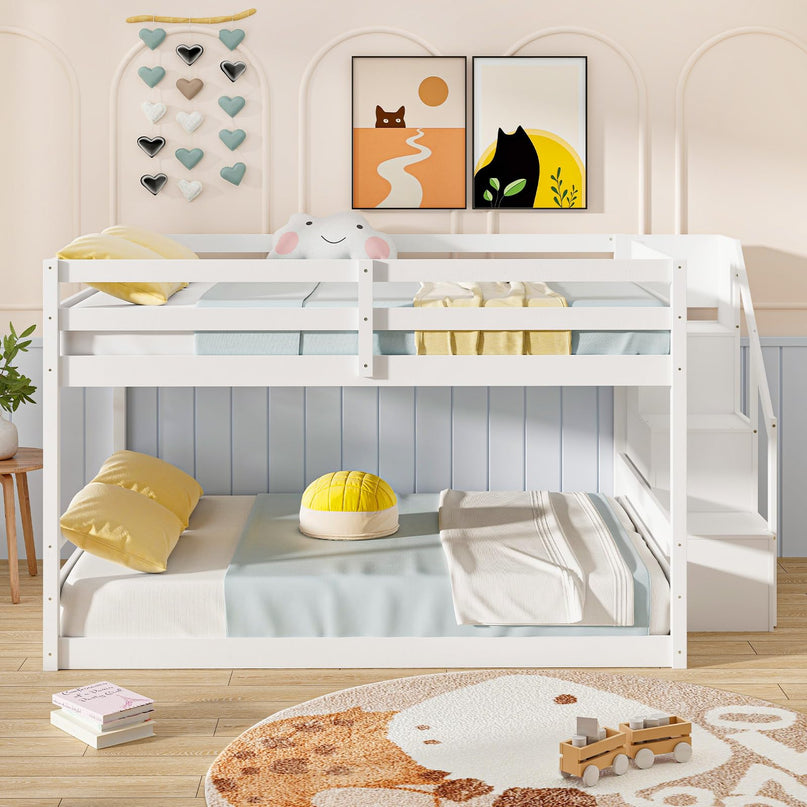Giantex Bunk Bed with Stairs, Solid Wood Floor Bunk Bed with Storage Staircase & Full-Length Guardrails